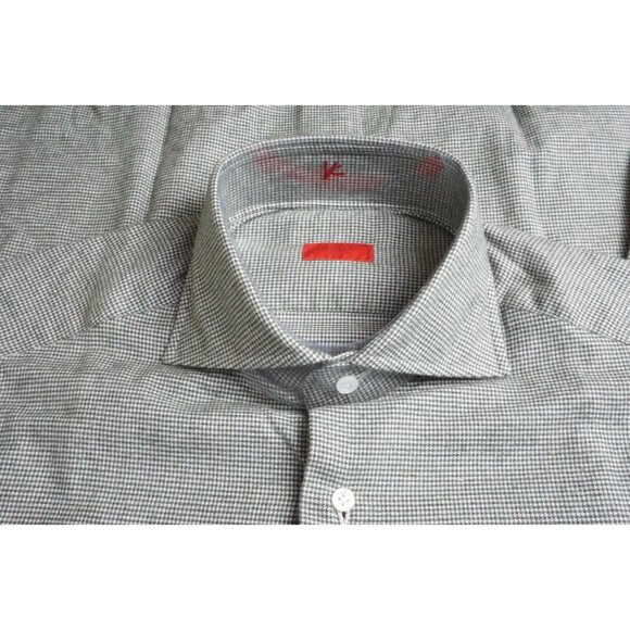 Isaia Napoli Flannel Green Houndstooth Mens Dress Shirt Sz 16 New Tags